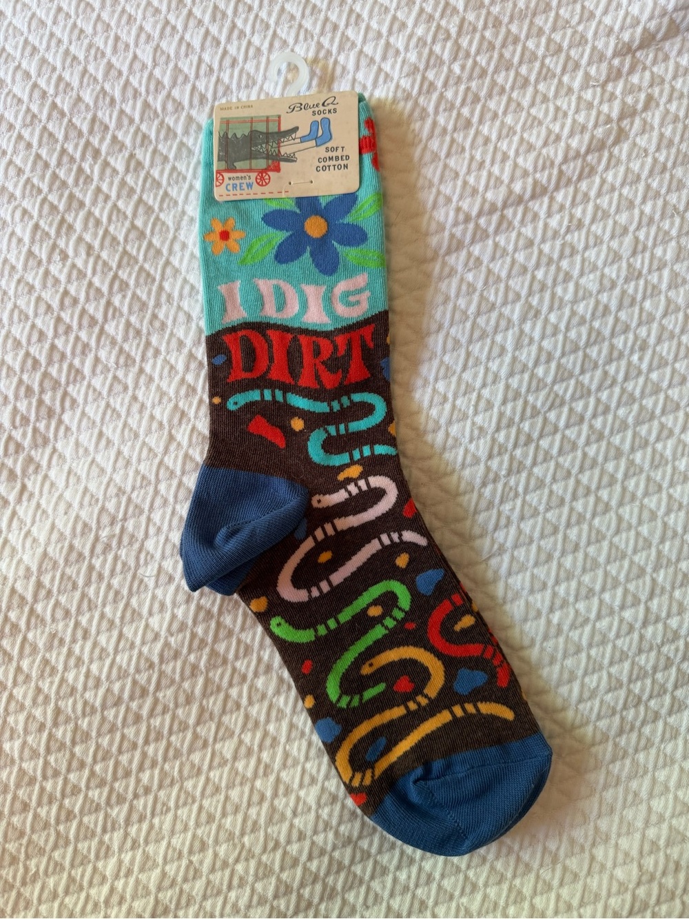 Blue Q  'I Dig Dirt' Brown Crew Socks with Multicolor Garden Design